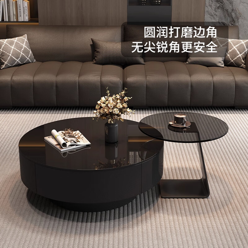 Chengyi 2025 new black glass coffee table Italian minimalist slate living room home light luxury high-end simple round combination