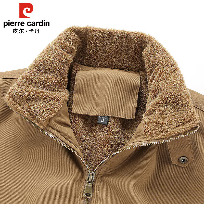Pierre Cardin Austrian fleece jacket men's autumn and winter plus velvet warm and cold-proof clothes retro work jacket men's khaki 2XL