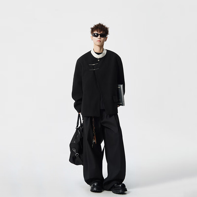 Homlean new Chinese style stand collar jacket men's autumn and winter high-end suit jacket tunic engagement dress HXF51 black L