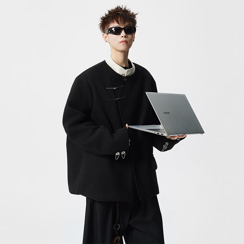 Homlean new Chinese style stand collar jacket men's autumn and winter high-end suit jacket tunic engagement dress HXF51 black L