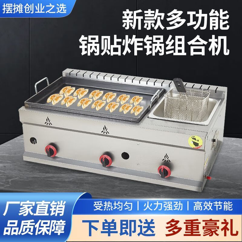 Tereside gas pot sticker machine, commercial stall, Teppanyaki hand cake, pan-fried bun, deep-fried combination machine, fried dumpling and potato cake machine, 73 pot sticker machine, double pot + oden + noodles
