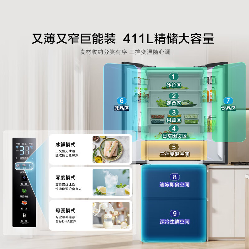 Hisense 411-liter ultra-thin zero-embedded small apartment four-door French multi-door first-class energy-efficiency air-cooled frost-free home appliance trade-in BCD-411S3FZKQD DBD ion active sterilization 411 French