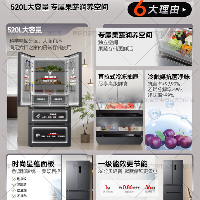 Rongsheng 520 liters ultra-large capacity French four-door multi-door household refrigerator ultra-thin first-class energy efficiency antibacterial net odor air-cooled frost-free refresh subsidy BCD-520E30FNLAE