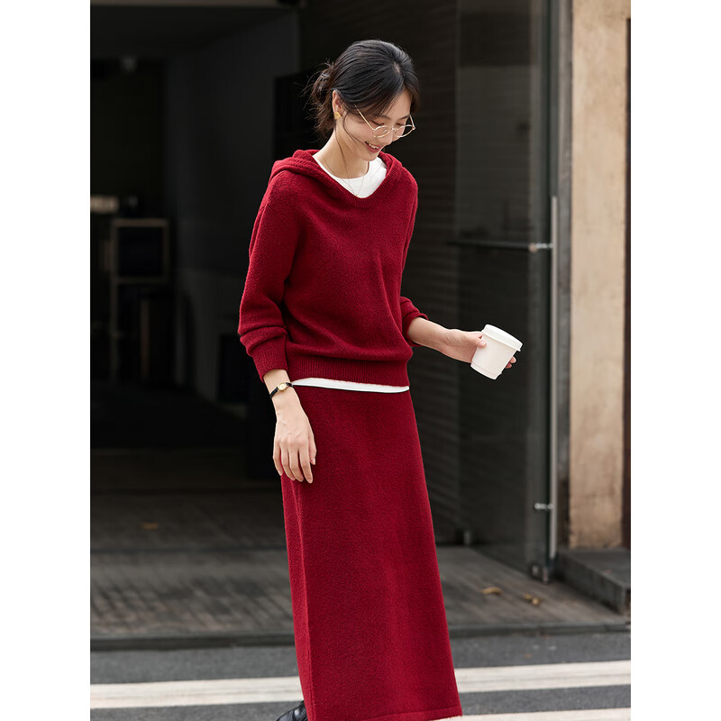 Fanximan Knitted Suit Women's Autumn New Hooded Knitwear A-Line Half-length Skirt Two-piece Set Millennium Red XL