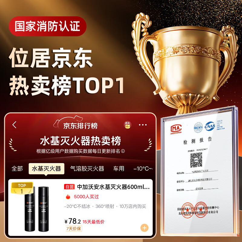 Zhongjia Woan water-based fire extinguisher 600ml low-temperature vehicle-mounted household national fire protection 3c certification -30 available | 100% agent concentration MSWJD600