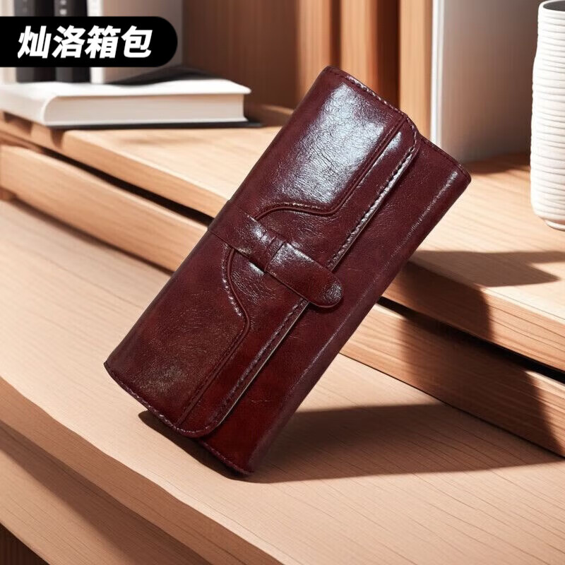 Ye Yu Ms. Wallet Long Oil Wax Leather Fashion Buckle Three-fold Solid Color Women's Multi-Card Slot Card Holder Simple Folding Wallet Pink