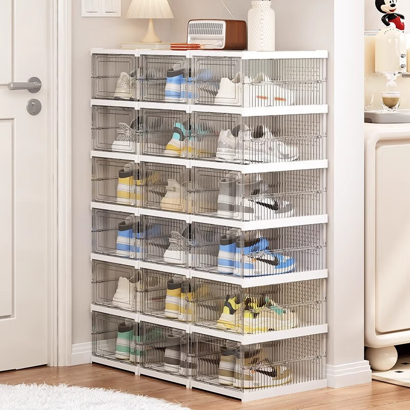 Knock-in-one shoe box household multi-layer foldable magnetic shoe cabinet dust-proof and installation-free transparent shoe storage cabinet storage box