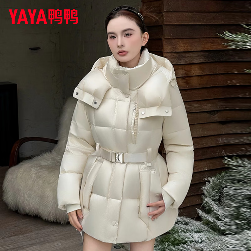 Yaya Ju Jingyi same style down jacket women's mid-length 2025 winter new fashion temperament waist warm thick coat DS starry sky black M