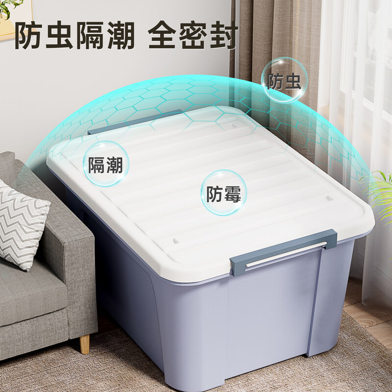 Camellia Plastic Clothing Storage Box Quilt Sorting Box 58L Blue 3 Pack Wheels