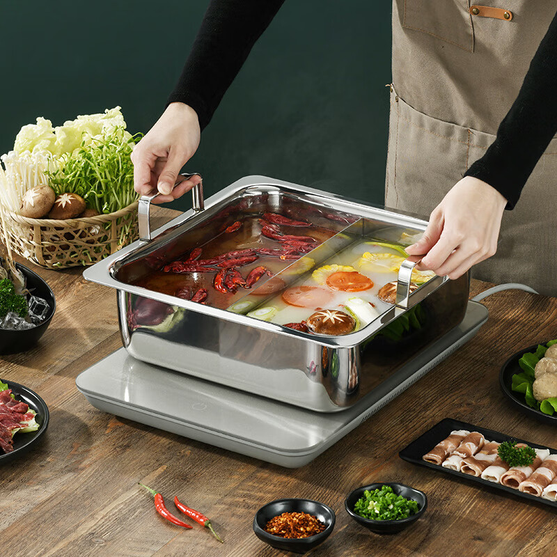 Fat Donglai's same style four-grid hot pot 304 stainless steel square pot commercial deepened seabed fishing basin three-layer steel three-layer steel 304 square basin Yuanyang style