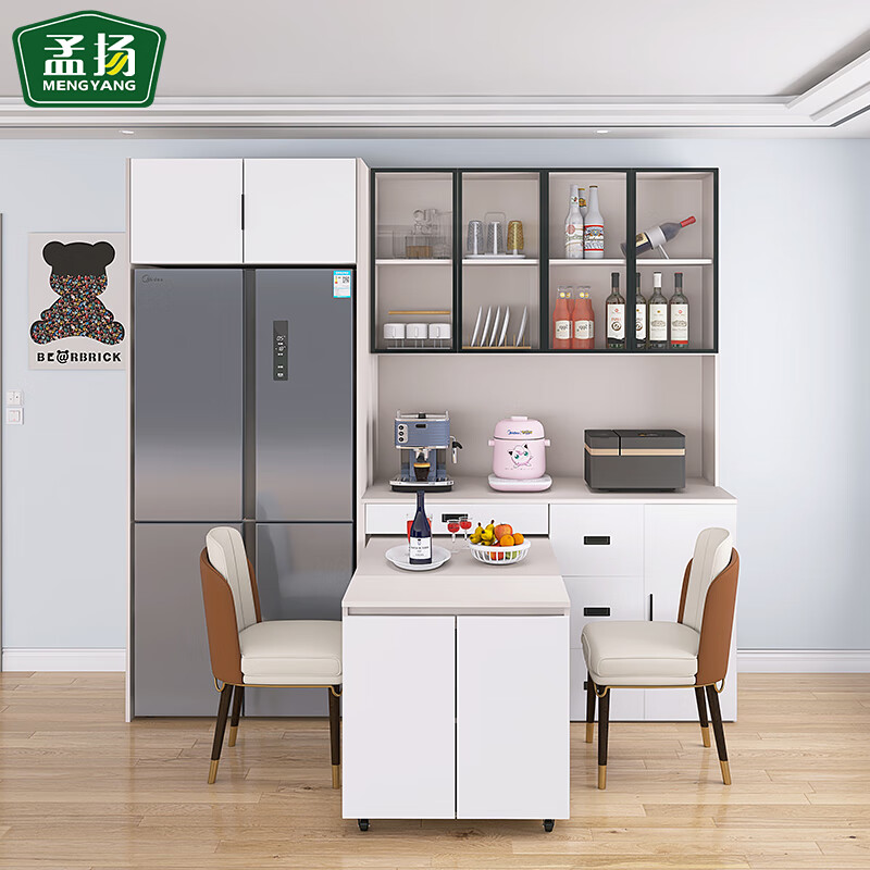 Mengyang sideboard and dining table integrated foldable living room household small apartment built-in refrigerator cabinet combination wall storage cabinet refrigerator cabinet + 4-door sideboard + folding dining table overall 18MM solid wood ecological board