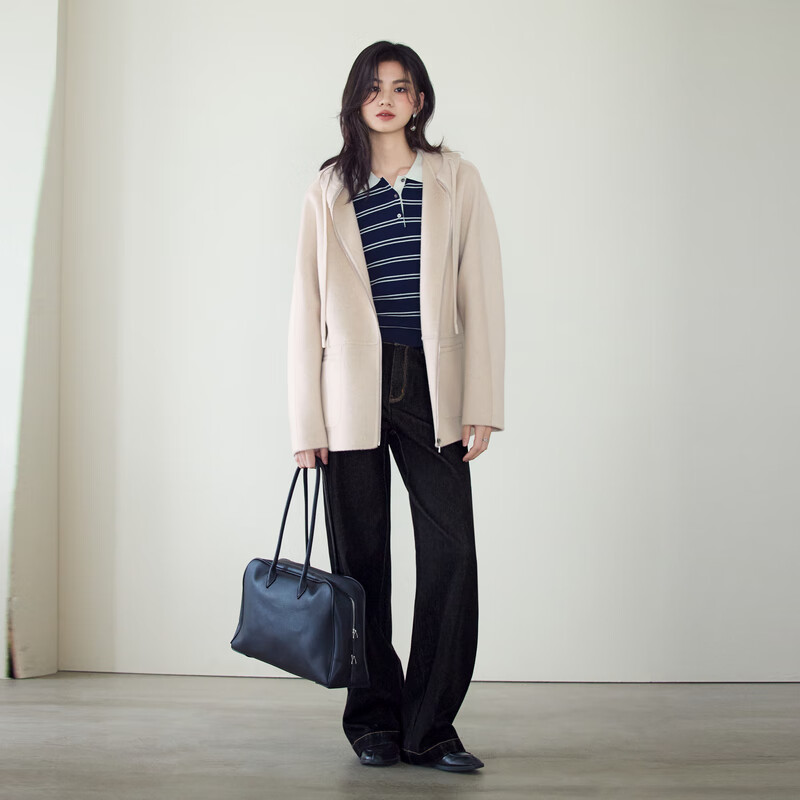 Eveli (eifini) Jiang Xin endorses wool cashmere hooded zipper coat one-hand long woolen coat 2025 winter soft velvet white mid-length sheep wool cashmere S 90-115 catties