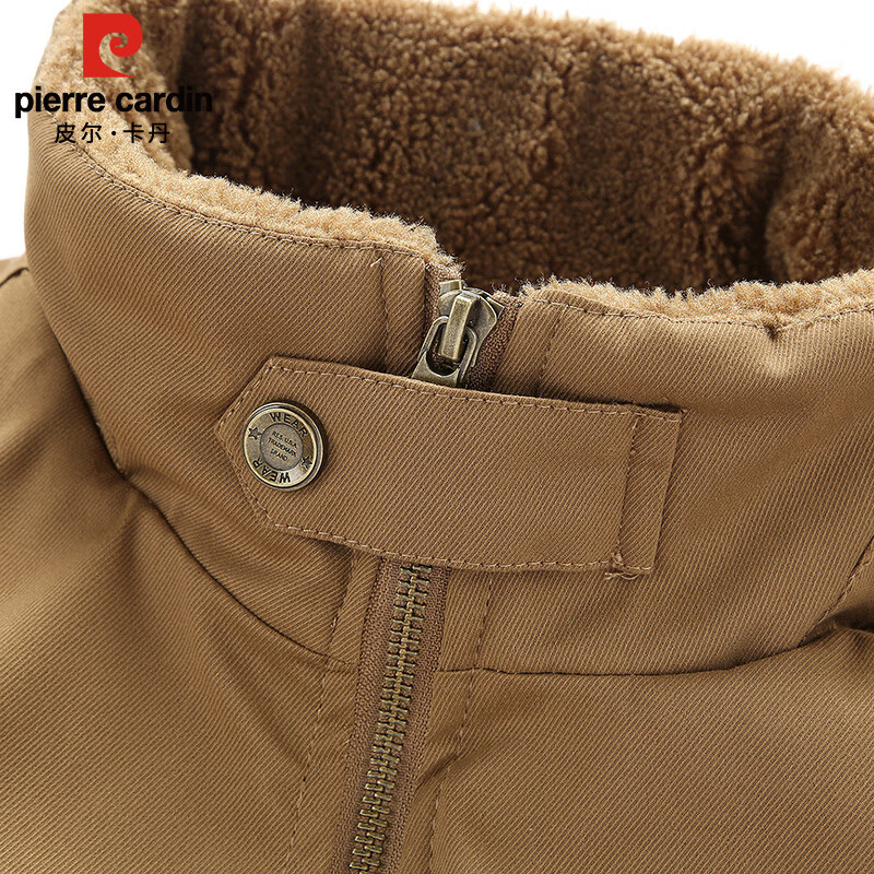 Pierre Cardin Austrian fleece jacket men's autumn and winter plus velvet warm and cold-proof clothes retro work jacket men's khaki 2XL