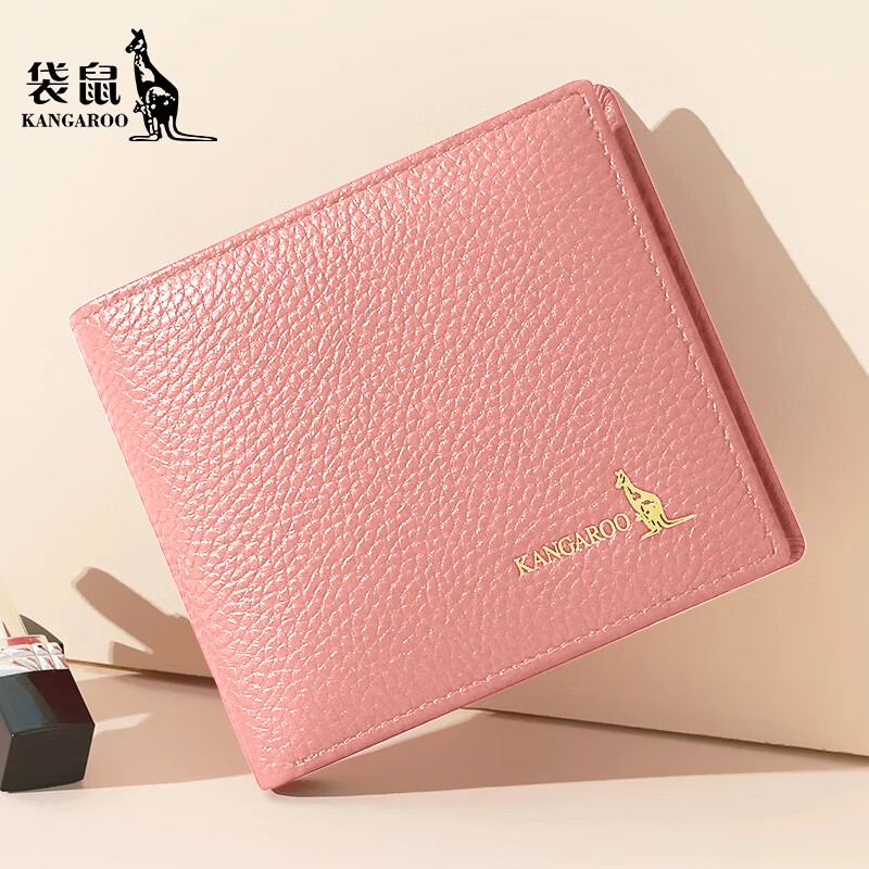 Kangaroo Women's Wallet Genuine Leather Short Wallet 2025 New Style Small Cute Simple Student Ultra-Thin Folding Wallet Pink Horizontal Style
