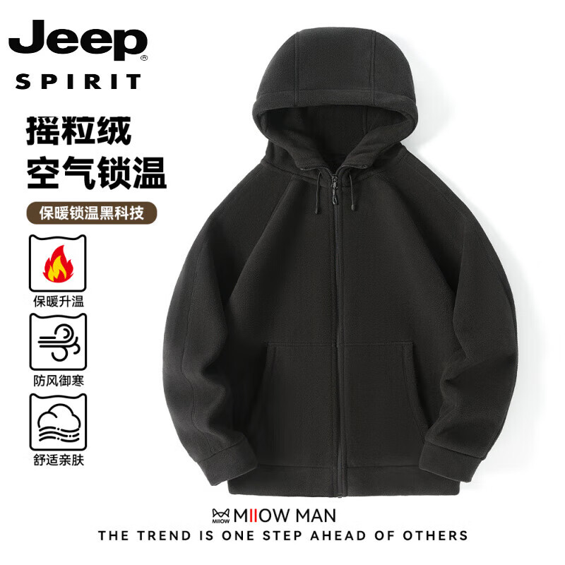 JEEP SPIRIT Sherpa Jacket Men's Autumn and Winter Plus Velvet Thickened Polar Fleece Casual Jacket Hooded Fleece Jacket Polar Fleece-Black Regular L