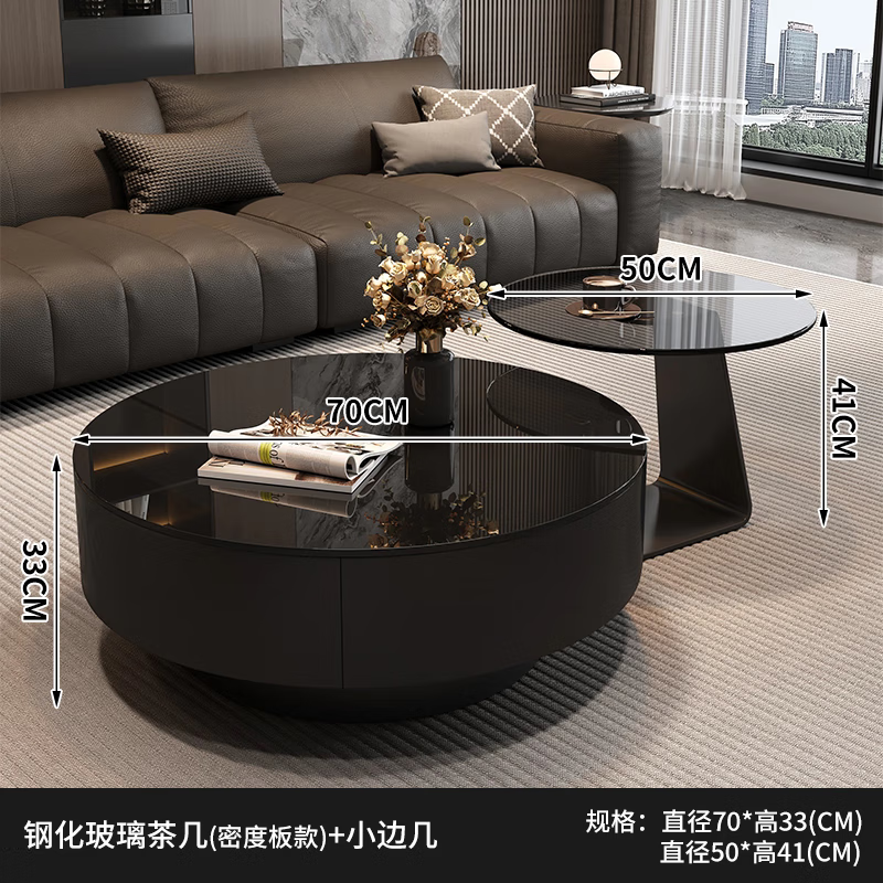 Chengyi 2025 new black glass coffee table Italian minimalist slate living room home light luxury high-end simple round combination