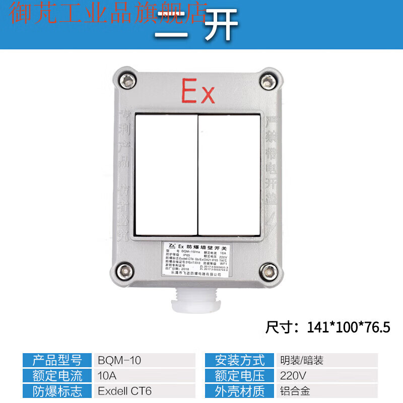 Explosion-proof wall switch 220V10A exposed and concealed 86 type single double triple triple double control rocker lighting switch IIC switch (two switches)