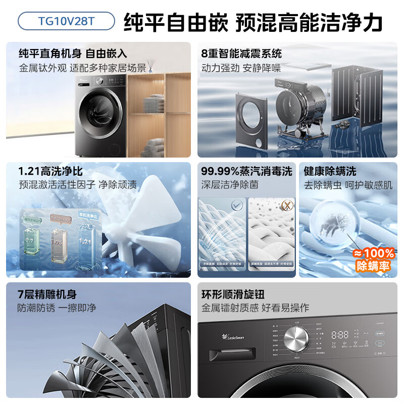 LittleSwan drum washing machine fully automatic home 10KG large capacity ultra-thin TG10V28T trade-in national subsidy JD.com self-operated underwear washing first-class energy efficiency