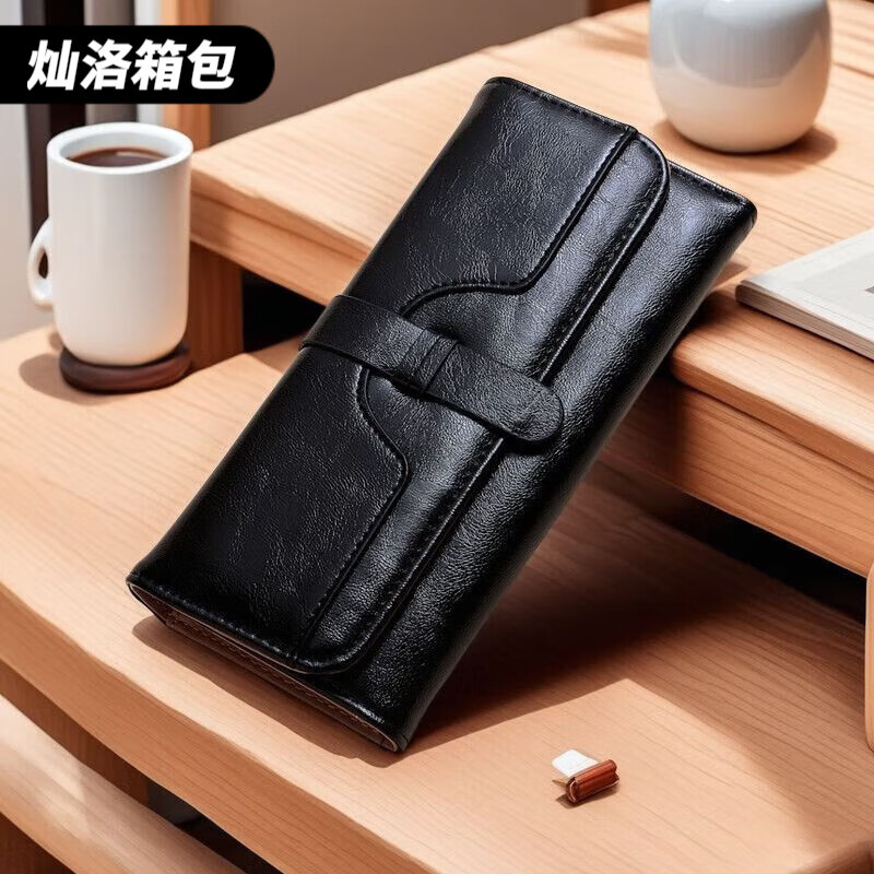 Ye Yu Ms. Wallet Long Oil Wax Leather Fashion Buckle Three-fold Solid Color Women's Multi-Card Slot Card Holder Simple Folding Wallet Pink