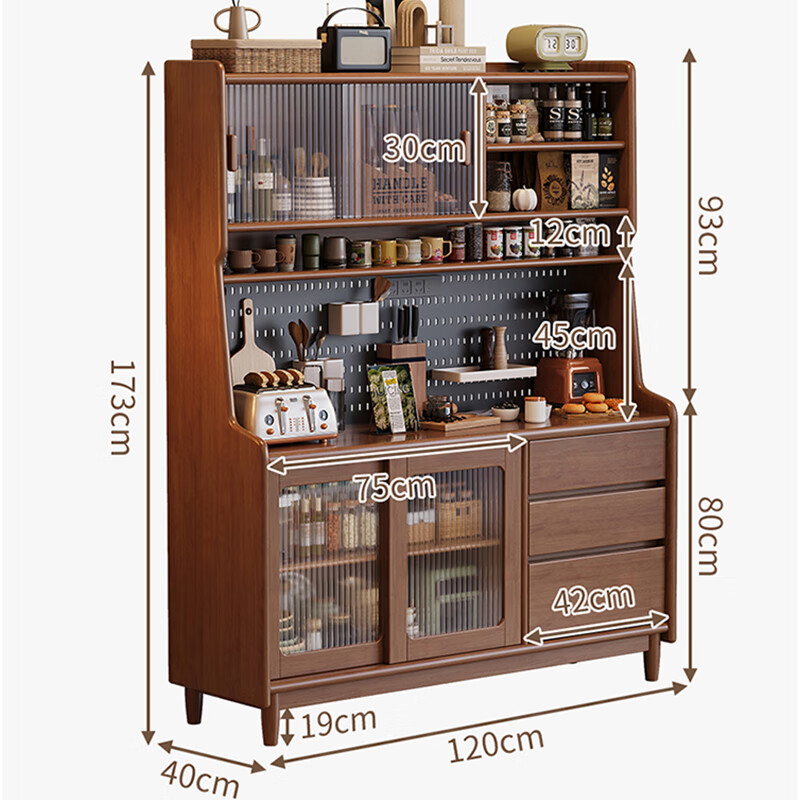 Huixun Nordic sideboard solid wood tea cabinet home restaurant integrated wall high cabinet living room simple cupboard storage wine cabinet FAS grade rubber wood without veneer black walnut color # 160cm*40cm*173cm