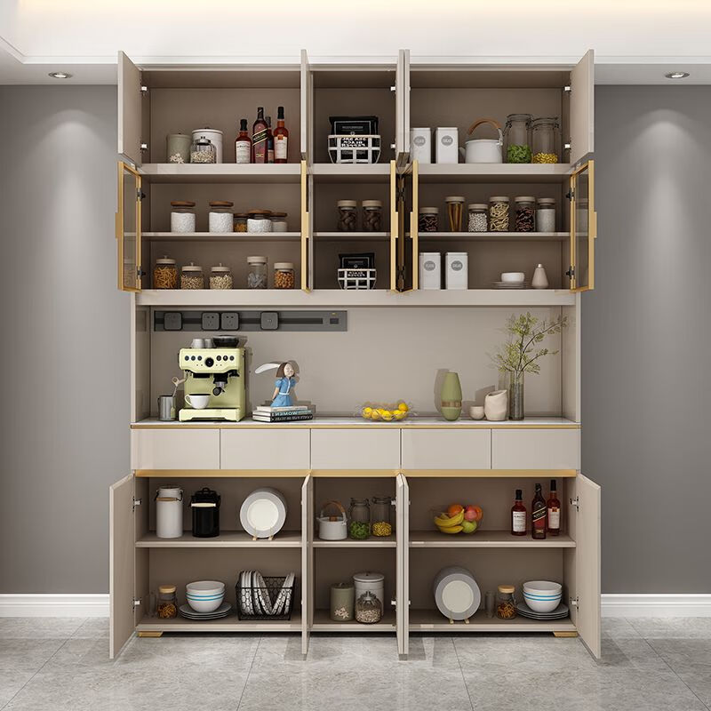 Ge Yuansu 2025 new home light luxury sideboard integrated wall high cabinet dining table wine cabinet restaurant storage cabinet kitchen cabinet champagne color low + high + top length 220 + electric rail free shipping and door-to-door installation by professional masters