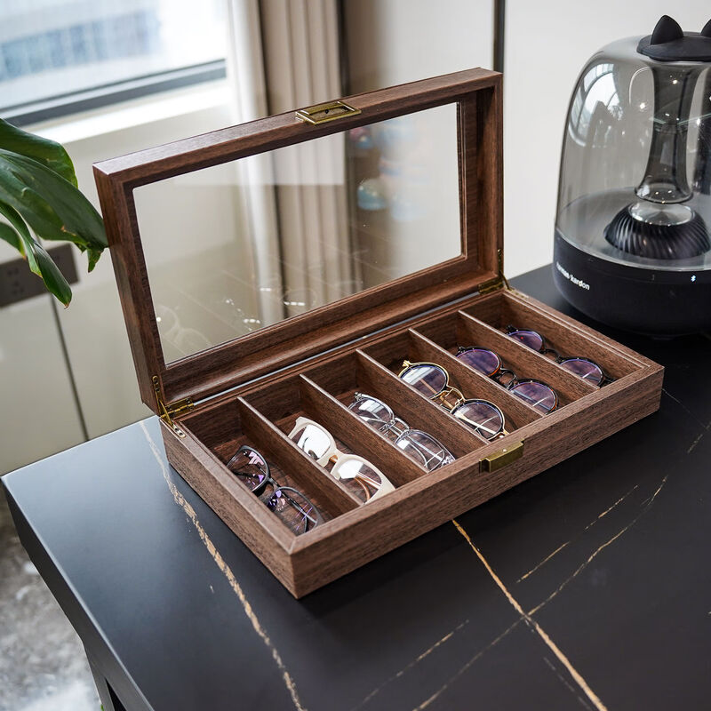 Yusenyi 6-digit wood grain leather glasses storage box, retro 6-compartment sunglasses display collection box with lock and dustproof 6-compartment wood grain leather glasses storage box