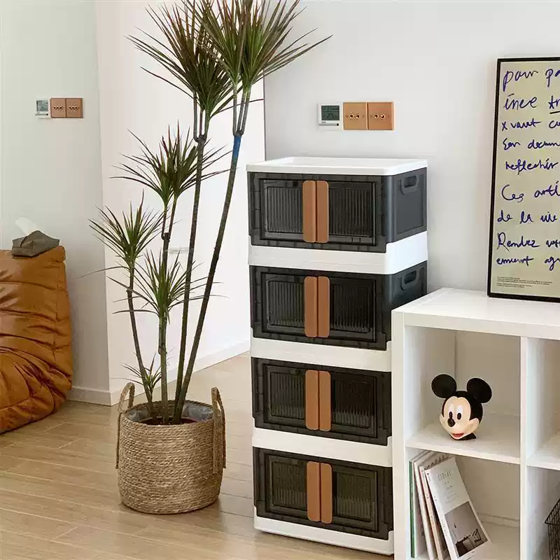 Floor-standing multi-layer double-door clothing storage box with rollers and installation-free plastic folding box underwear box mini box milk white-brown See details