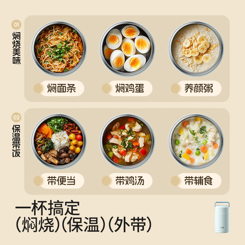 HAERS 316 stainless steel stew beaker, insulated lunch box, baby portable porridge jar, cup pot, large capacity 1000mL moonlight white, upgraded 316 material, telescopic handle