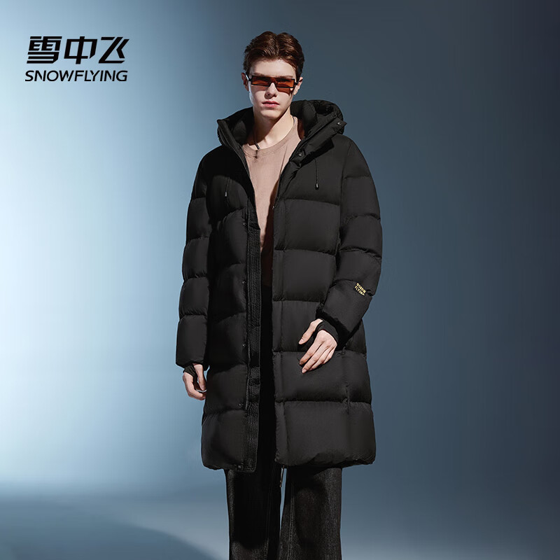 Flying in the snow, same style for men and women, 25-year winter obsidian mid-length fashionable thickened couple down jacket, black L