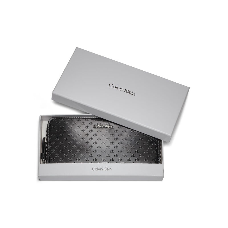 Calvin Klein Key Item Cross Pattern European Zip Wallet with Wrist Strap, Black/Silver Patent Embossed, One Size Black/Silver Patent Embossed One Size
