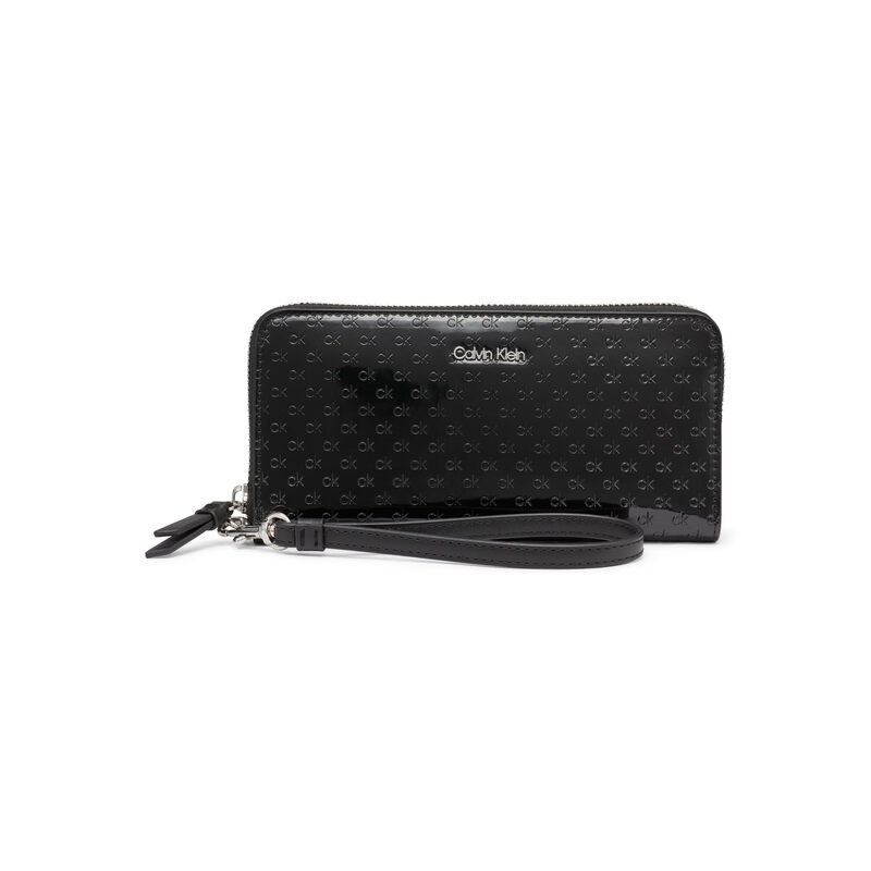 Calvin Klein Key Item Cross Pattern European Zip Wallet with Wrist Strap, Black/Silver Patent Embossed, One Size Black/Silver Patent Embossed One Size