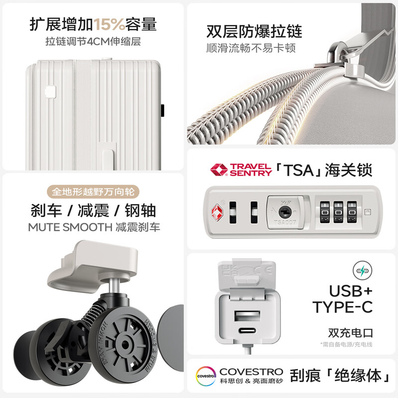 KOSITU Germany's new front-opening expandable suitcase for women, large capacity 24-inch 20-inch carry-on suitcase, sturdy trolley suitcase for men, oatmeal gray, expanded capacity, new color on the market, better looking than white and stain-resistant, 20-inch carry-on suitcase (three sides meet 115, can be boarded + can be placed on aircraft high-speed rail racks)