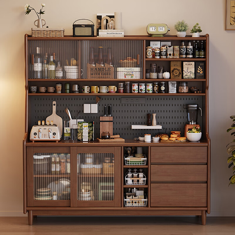 Huixun Nordic sideboard solid wood tea cabinet home restaurant integrated wall high cabinet living room simple cupboard storage wine cabinet FAS grade rubber wood without veneer black walnut color # 160cm*40cm*173cm