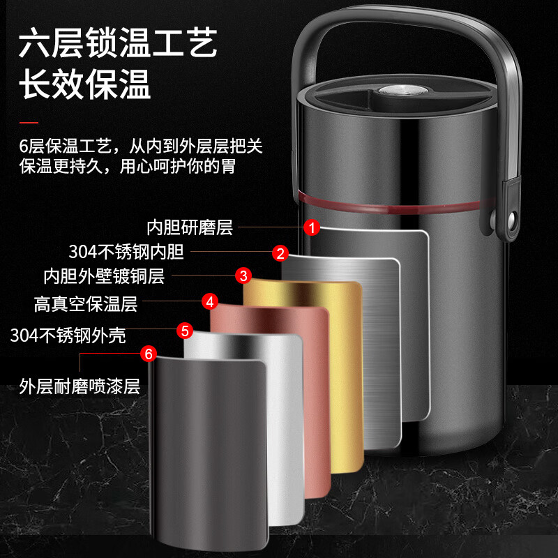 Aoyanlai 304 stainless steel thermal insulation lunch box, large capacity, portable, 24-hour long-lasting thermal insulation, 2.0 liters of premium gray + free of charge_ Suitable for primary school students