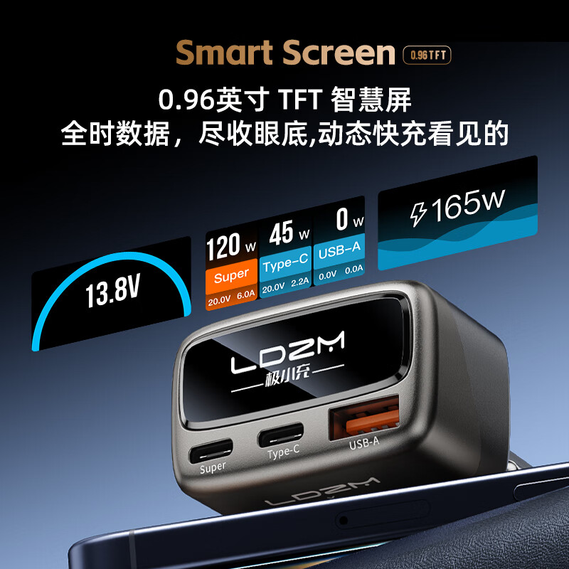 Ledi Zhimei's new product 165W car charger is fully compatible with fast charging TFT smart screen display power conversion plug car charger smart screen 165W super car charger single head (no data cable)