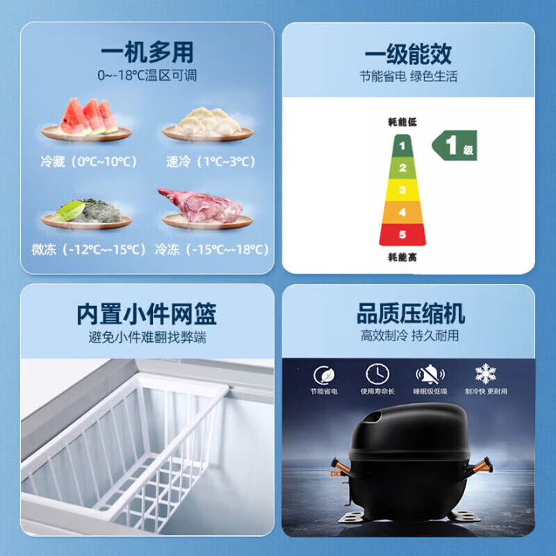 Hueri sea freezer 298 liters household dual-temperature refrigeration and freezing first-class energy efficiency variable frequency air-cooled frost-free large capacity first-class energy efficiency | household 158 upgraded model 72X158D 72L