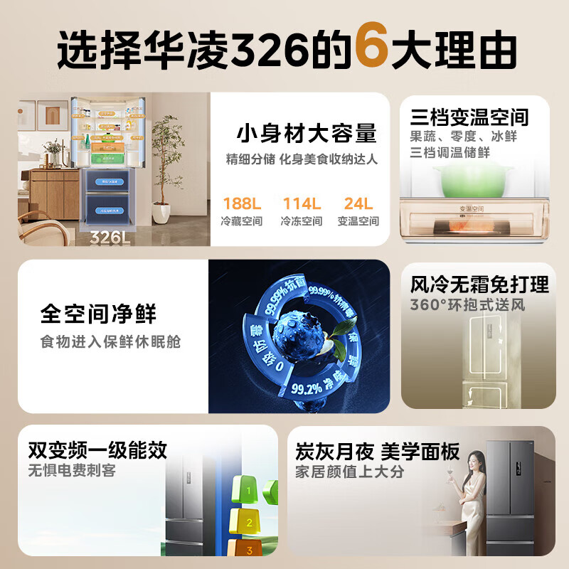 Hualing Refrigerator Midea produces 326-liter French-style multi-four-door refrigerator air-cooled, frost-free, large capacity, dual frequency conversion, first-class energy efficiency, small apartment, home rental, office dormitory, classic 326-liter, first-class dual frequency conversion