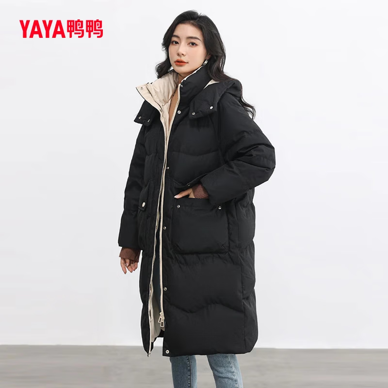 YAYA Down Jacket Women's Medium Long 2025 Winter New Fashion Casual Thickened Hooded Korean Version Contrast Color Versatile Jacket