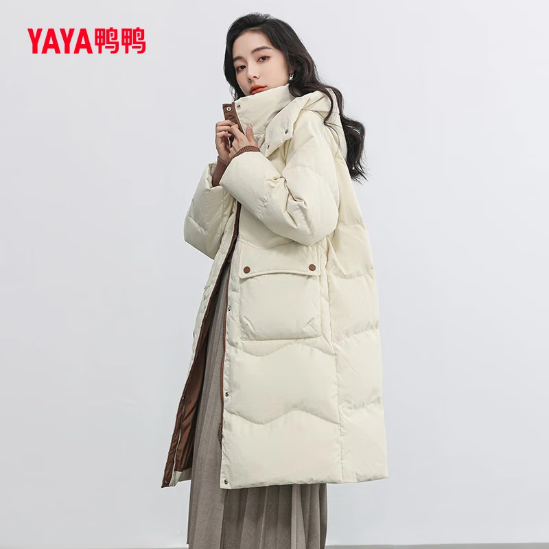 YAYA Down Jacket Women's Medium Long 2025 Winter New Fashion Casual Thickened Hooded Korean Version Contrast Color Versatile Jacket