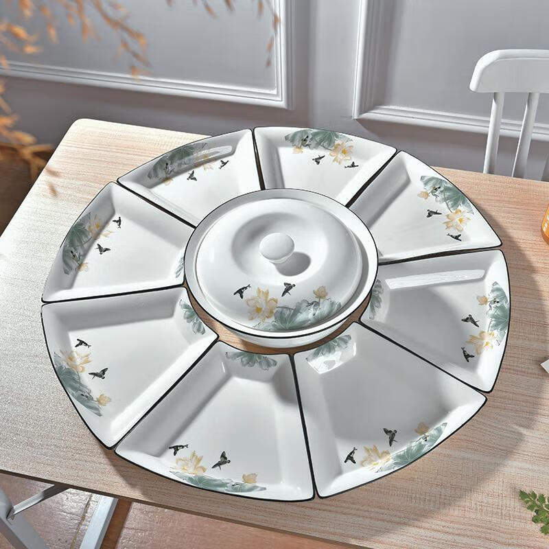 Xiongwochi Ceramics Household Reunion Bowls and Dishes Platter Reunion Dinner Tableware Combination Fan-shaped Dish Plate Creative Set 520 Lotus Nine-piece Uncovered Platter Diameter 60cm