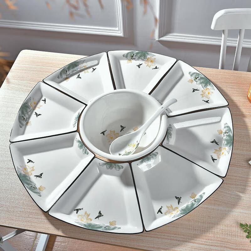 Xiongwochi Ceramics Household Reunion Bowls and Dishes Platter Reunion Dinner Tableware Combination Fan-shaped Dish Plate Creative Set 520 Lotus Nine-piece Uncovered Platter Diameter 60cm
