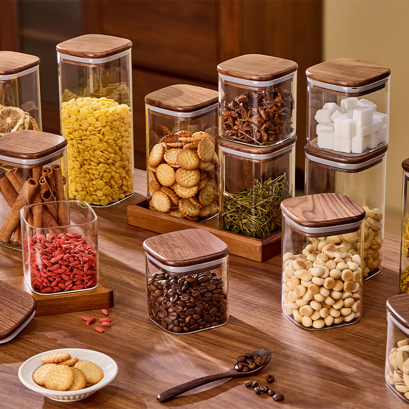 Anmi black walnut food-grade glass sealed jar snack nut dry goods storage box high borosilicate storage storage jar high borosilicate glass 1000ml-6 pieces (black walnut lid)