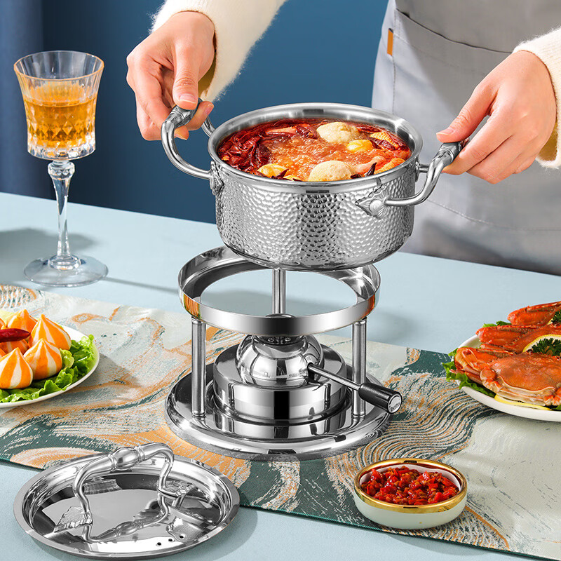 FIREQL304 stainless steel inflatable single-person small hot pot, one-person household outdoor pot, gas stove special pot, commercial rose gold leaf ear (Swiss style stove core 180 minutes) 17.5cm