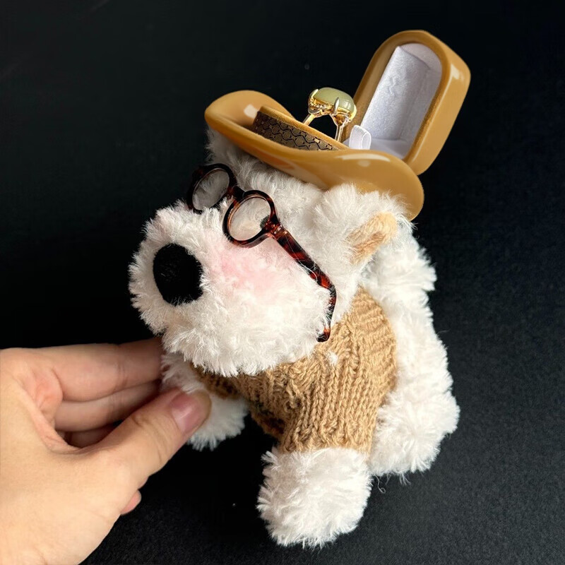 Tingzhi Hat West Highland Doll Ring Box Chinese Valentine's Day Confession Proposal Jewelry Box Surprise Gift Idea for Boyfriend and Girlfriend Puppy Ring Box Coffee Color