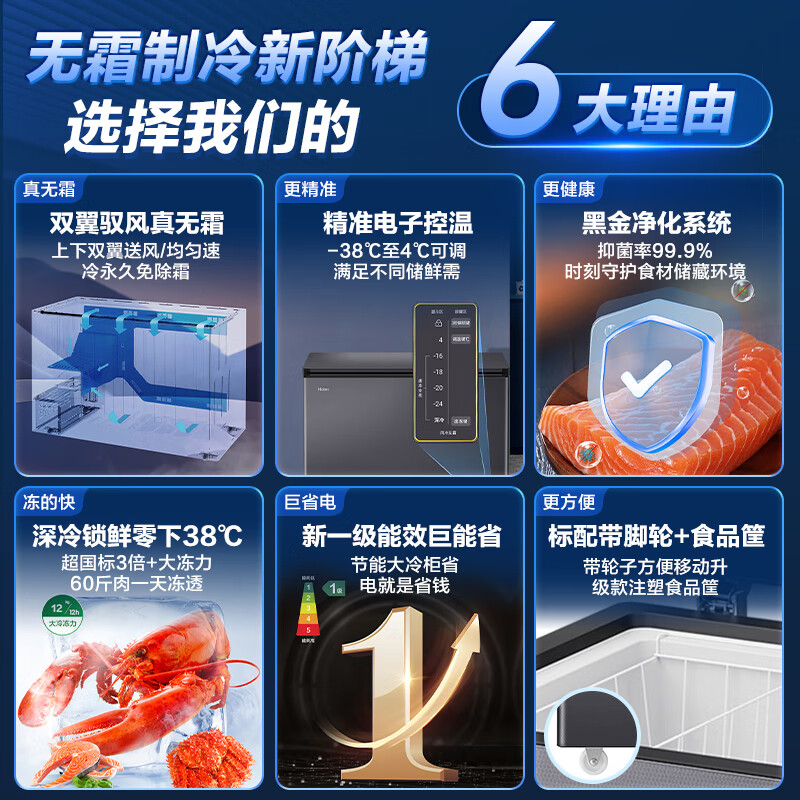 Haier air-cooled frost-free freezer household commercial freezer full freezer fresh-keeping refrigerator single temperature zone single door first-level energy efficiency power-saving quick-freezing horizontal freezer deep-freezing small refrigerator electronic temperature control | -38 deep cold | black gold purification antibacterial | 166L