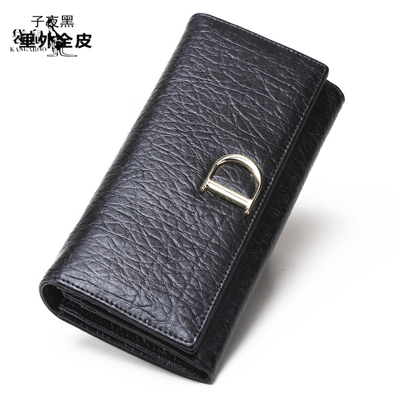 Kangaroo Women's Wallet Women's Long Genuine Leather Cowhide Large Capacity Multi-Function Clutch Women's Multiple Card Slots Korean Style Fashion Wallet Midnight Black (Cowhide Inside and Out)