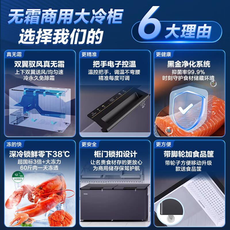 Haier air-cooled frost-free freezer household commercial freezer full-freezer fresh-keeping refrigerator single temperature zone single door first-level energy efficiency power-saving quick-freezing horizontal freezer deep-freezing small refrigerator electronic temperature control | -38 cryogenic | black gold purification | 480L