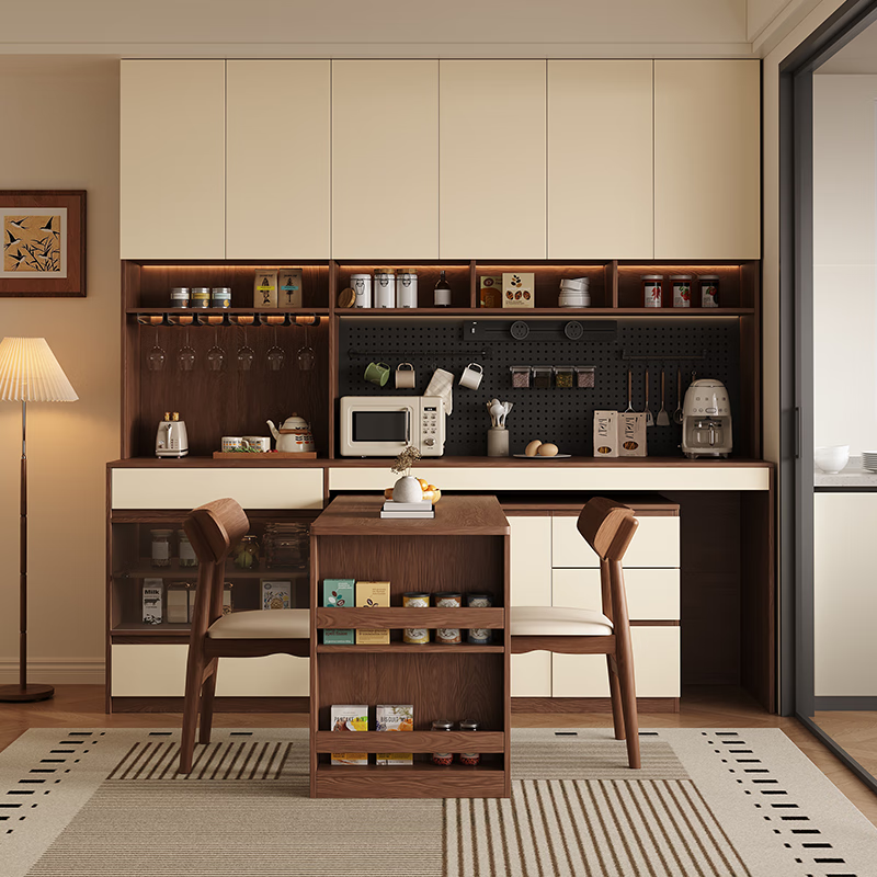 Customized solid wood sideboard by Gogezhijia, retractable built-in dining table, retractable wall-mounted integrated mid-century style living room tea storage cabinet 2.2*2.0 (six doors) + 1.3m dining table, free perforated board and double-hole track socket by default