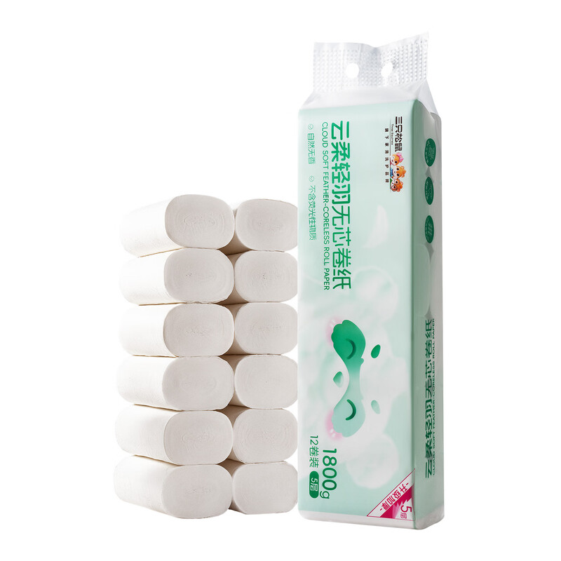 Three Squirrels Living Center Yunrou coreless rolling paper 12 rolls 1800g thick and tough toilet paper sanitary napkin affordable family 5-layer new year gift