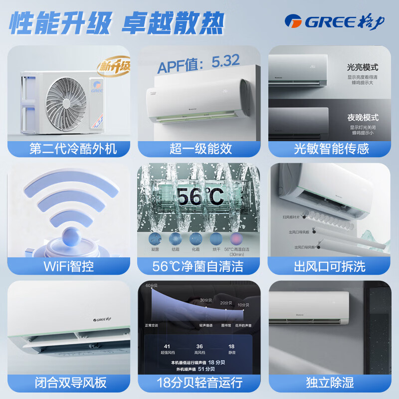 Gree Air Conditioning Yunjin 1.5 HP New Level Energy Efficiency Inverter Pure Copper Tube Power Saving Comfort Wind Equipped with Cool Outdoor Unit National Subsidy KFR-35GW/NhAe1BAj